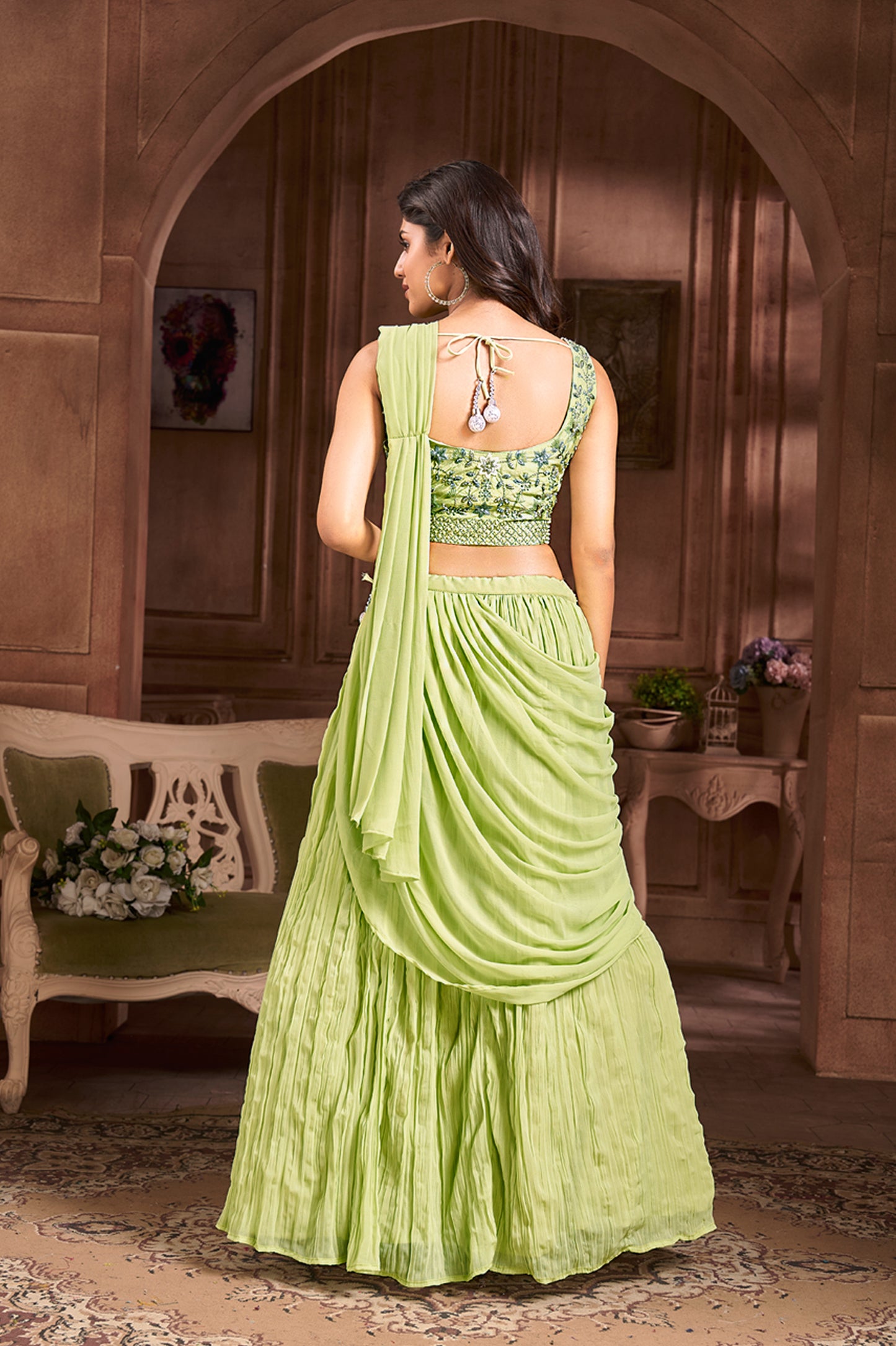 Elegant Georgette Lehenga Choli with Embroidered Net Koti - Green Glamour