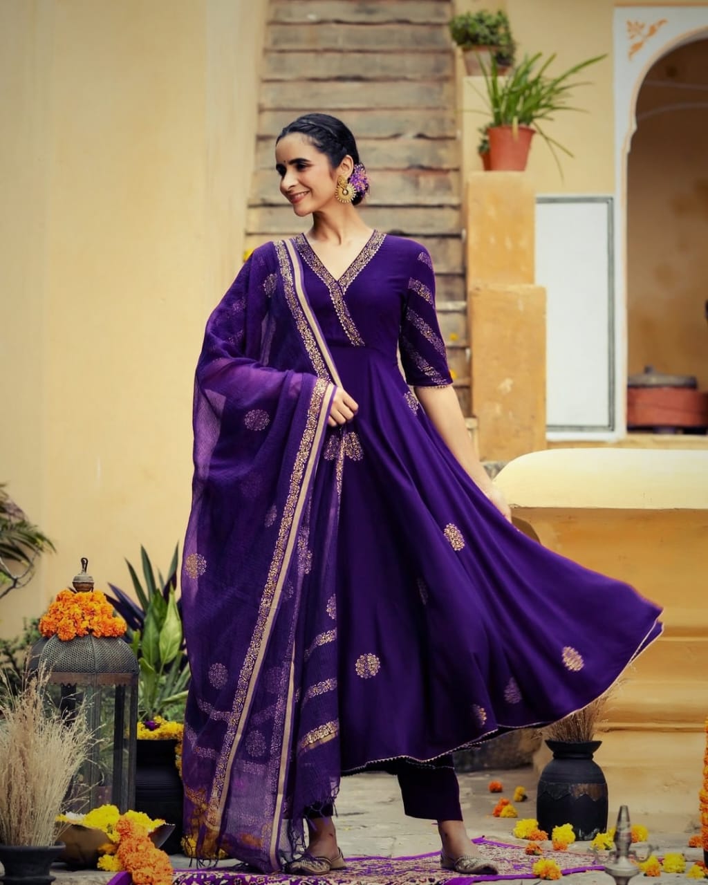 Premium Rayon 3 Piece Gown with Pant & Duppata - Purple