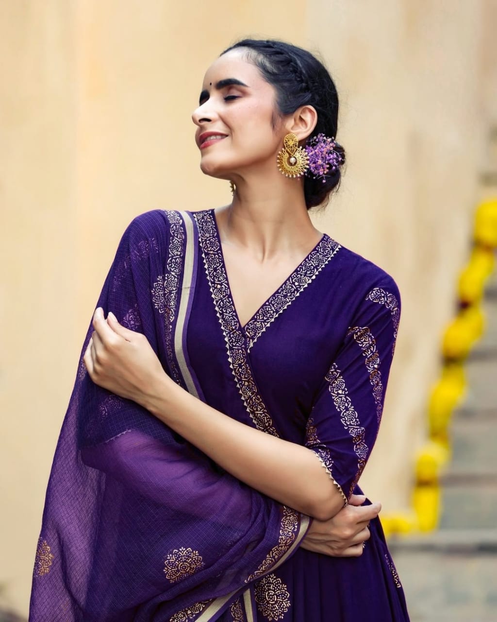 Premium Rayon 3 Piece Gown with Pant & Duppata - Purple