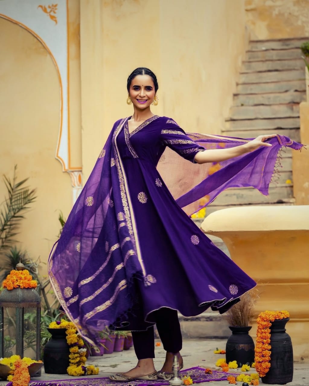 Premium Rayon 3 Piece Gown with Pant & Duppata - Purple