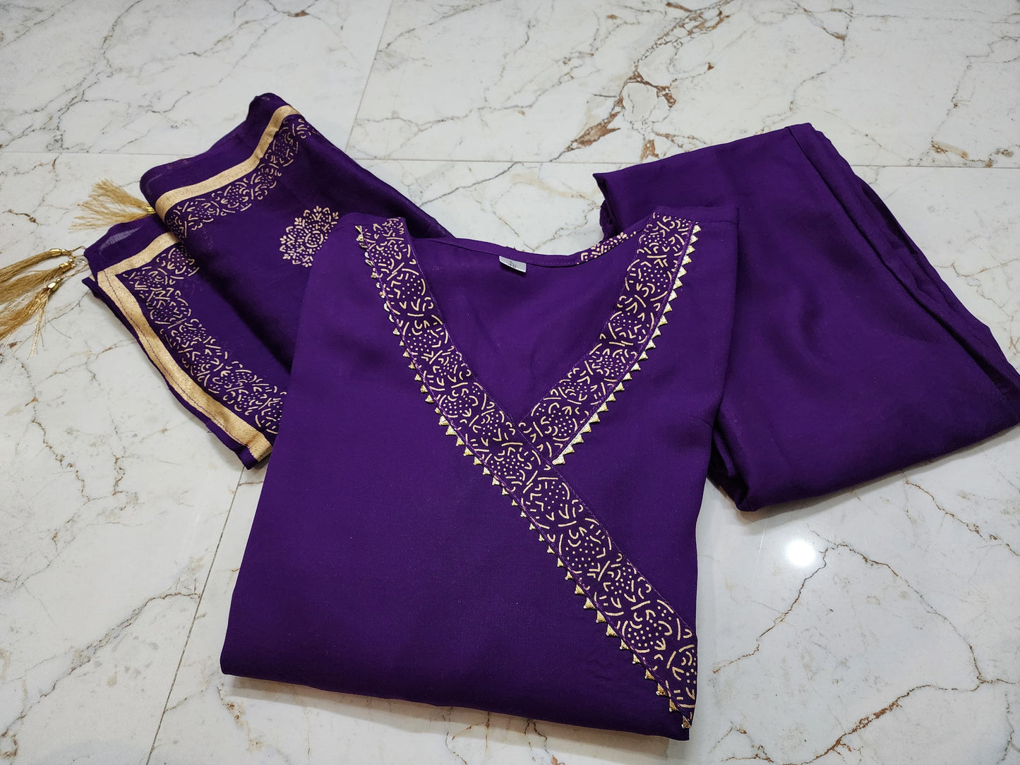 Premium Rayon 3 Piece Gown with Pant & Duppata - Purple