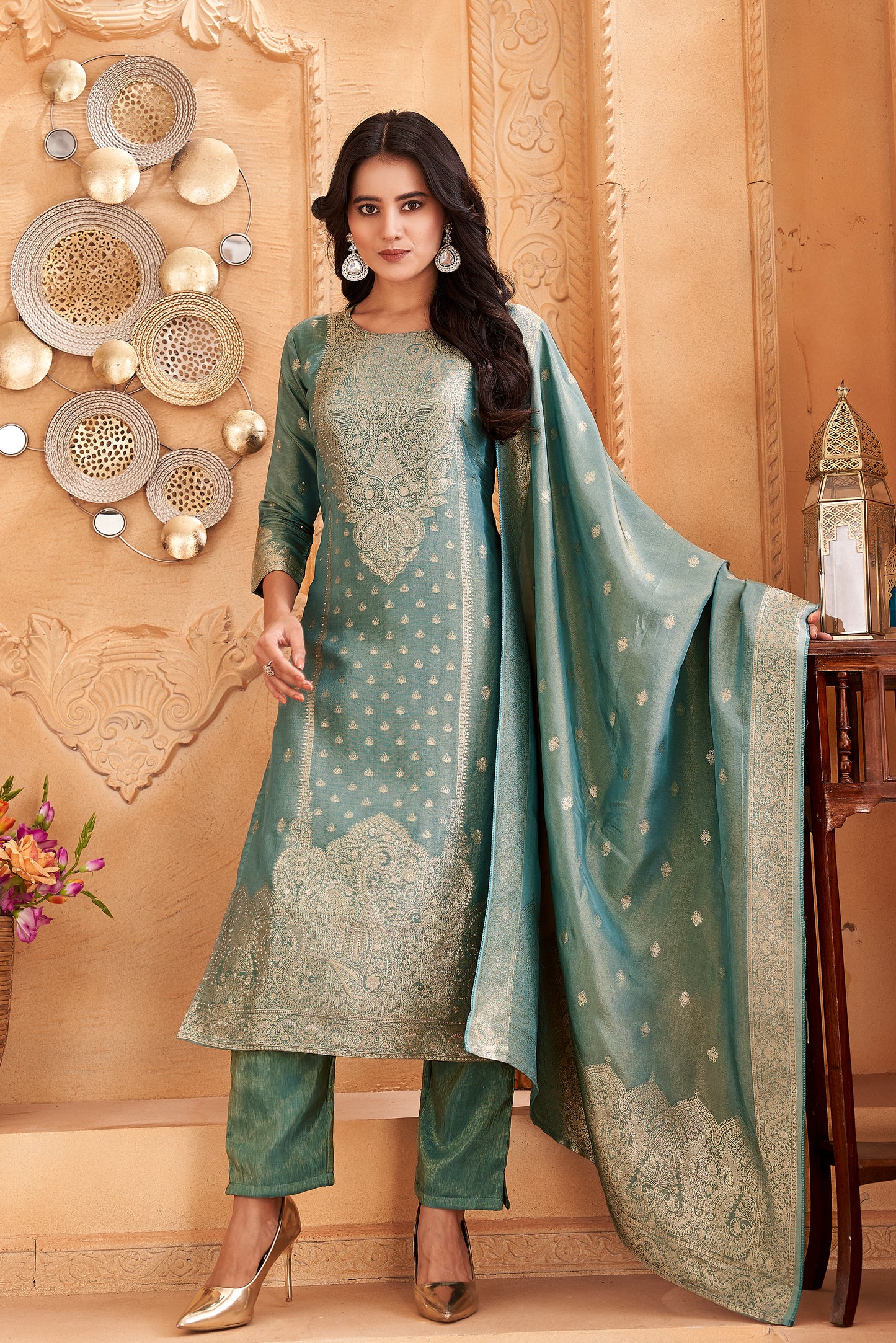 Women's Kanjivaram Silk Kurta Set With Dupatta - Rama