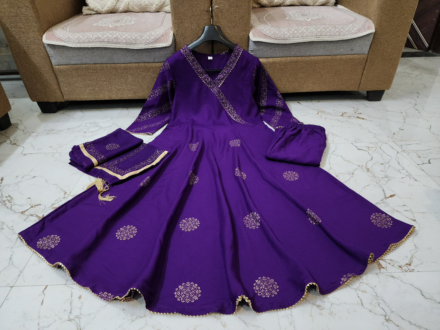Premium Rayon 3 Piece Gown with Pant & Duppata - Purple