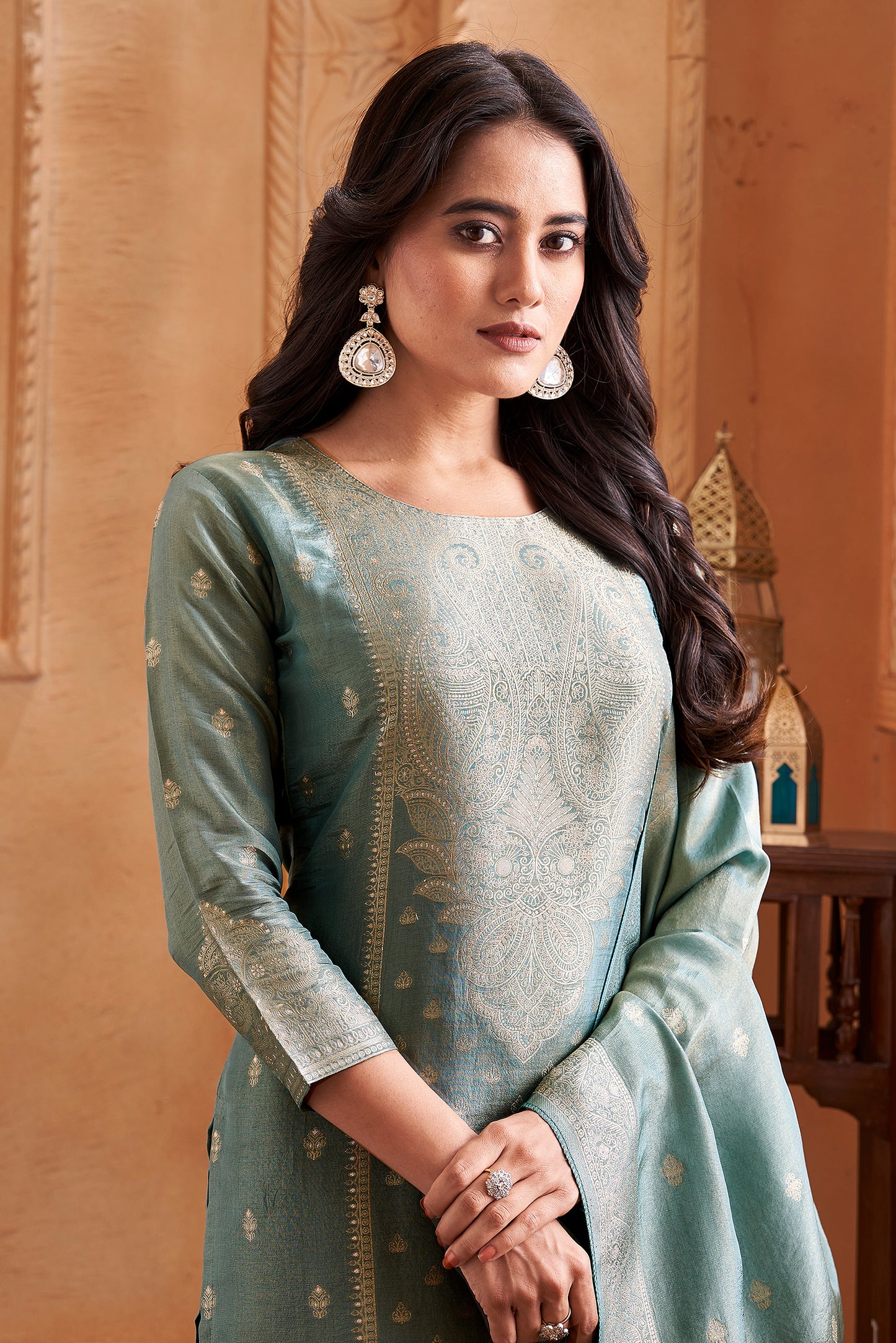 Women's Kanjivaram Silk Kurta Set With Dupatta - Rama