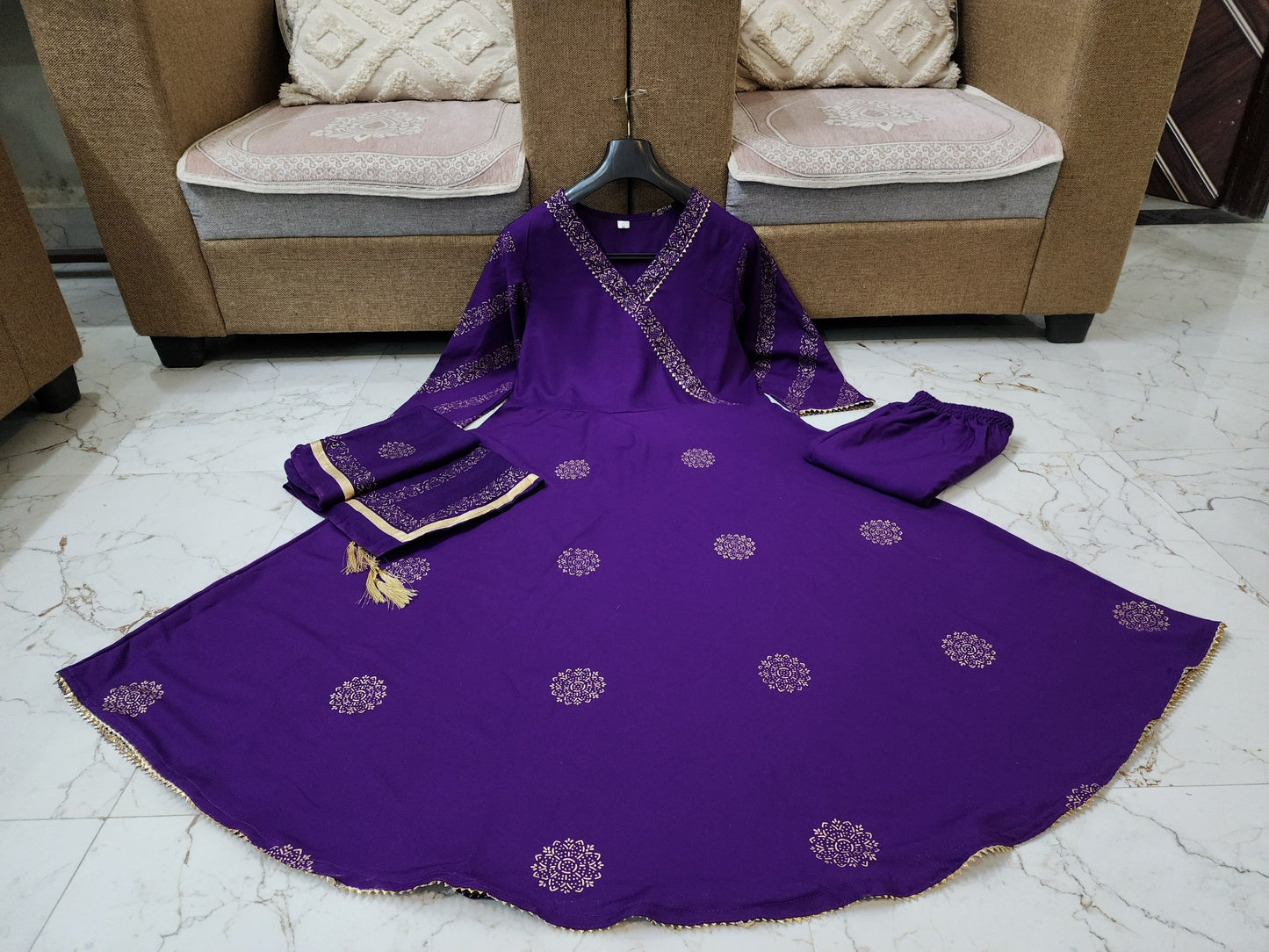 Premium Rayon 3 Piece Gown with Pant & Duppata - Purple