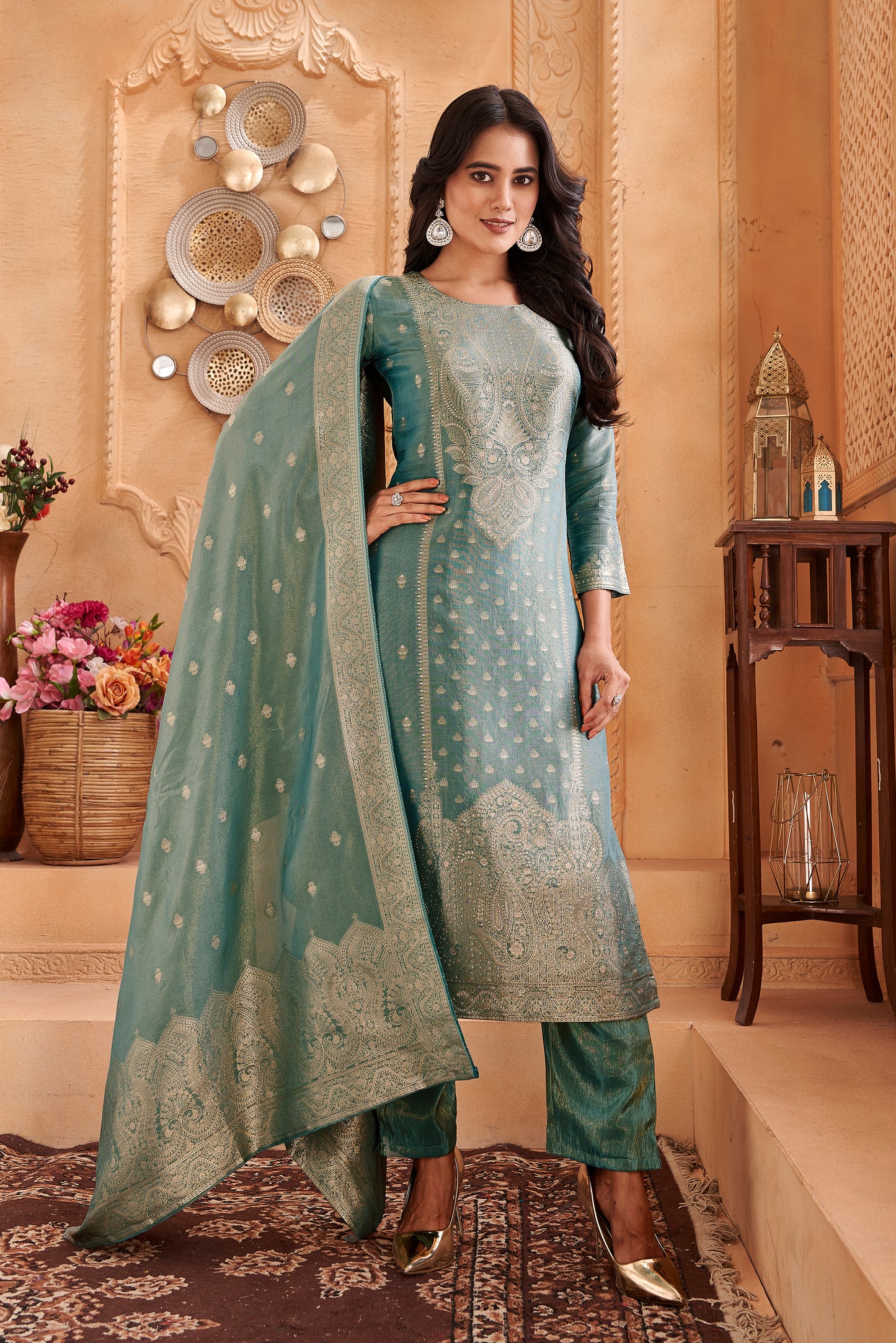 Women's Kanjivaram Silk Kurta Set With Dupatta - Rama