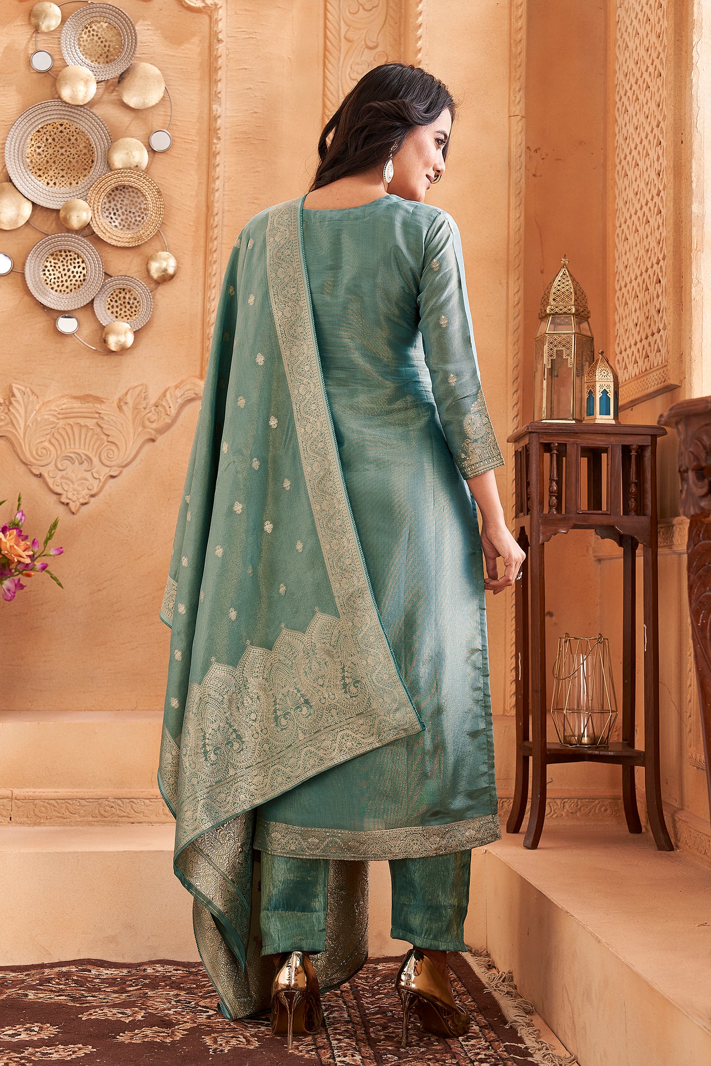 Women's Kanjivaram Silk Kurta Set With Dupatta - Rama