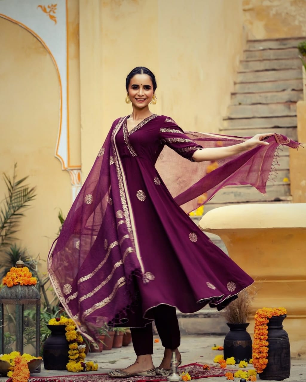 Premium Rayon 3 Piece Gown with Pant & Duppata - Wine