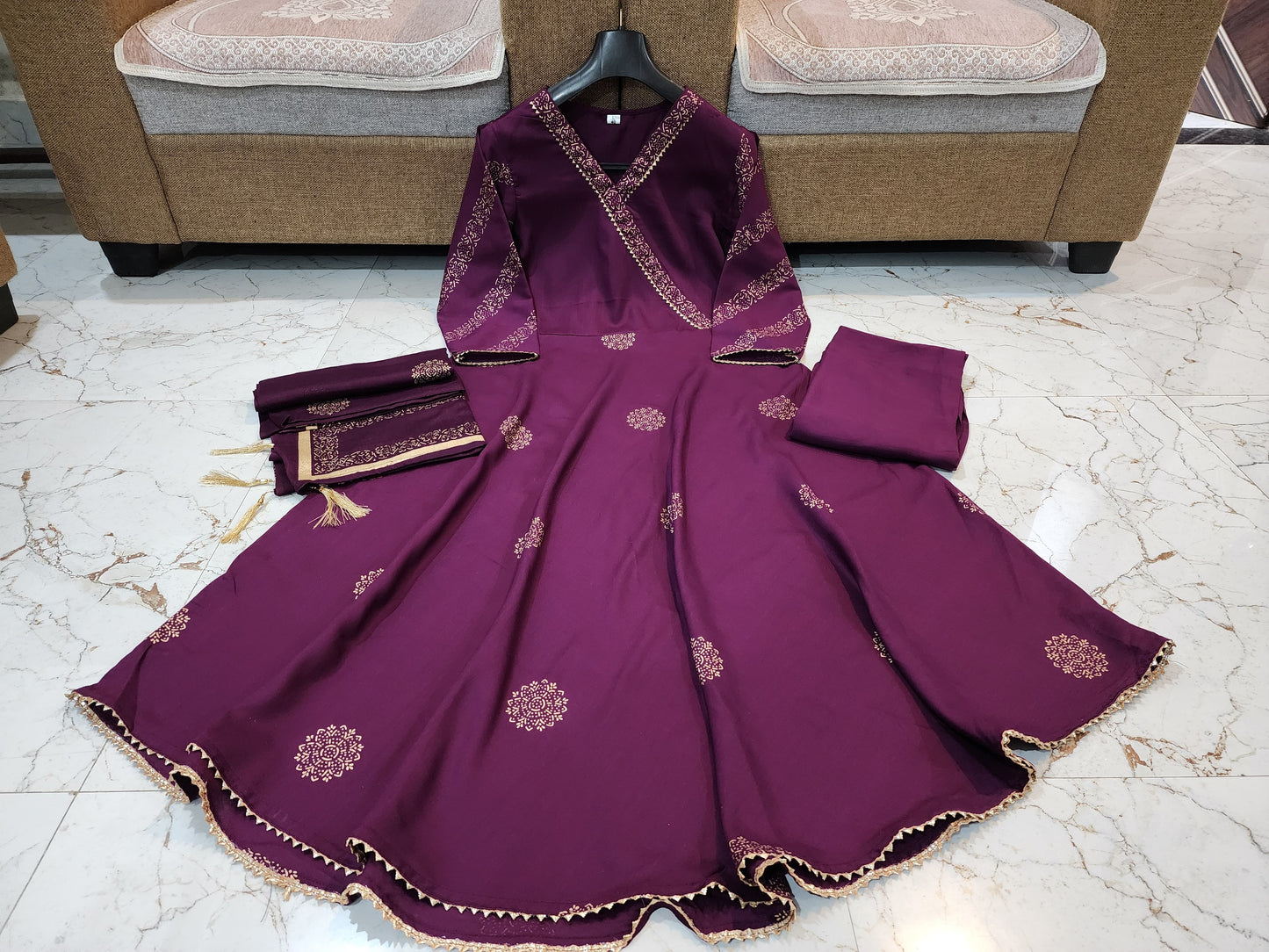 Premium Rayon 3 Piece Gown with Pant & Duppata - Wine