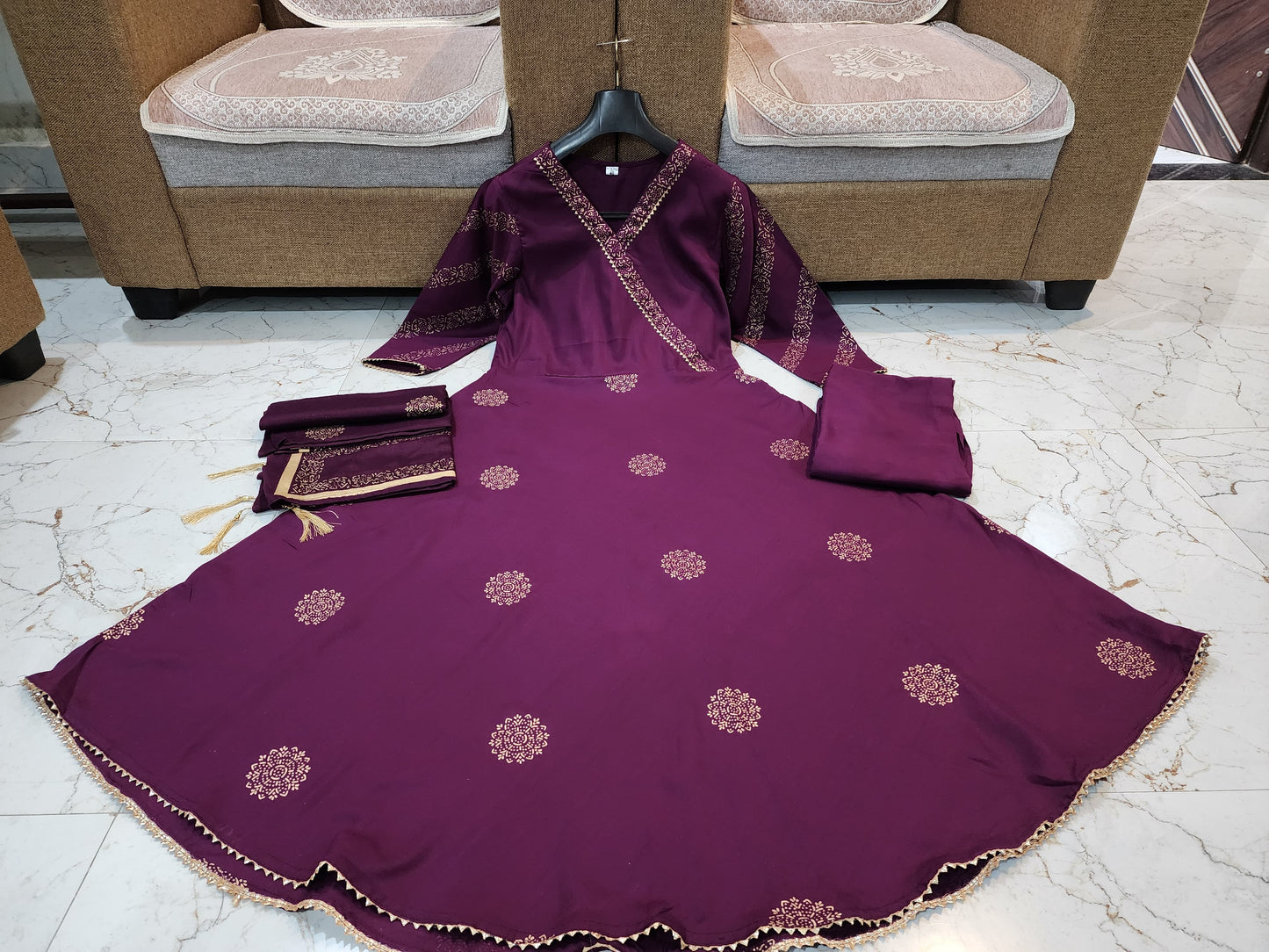 Premium Rayon 3 Piece Gown with Pant & Duppata - Wine