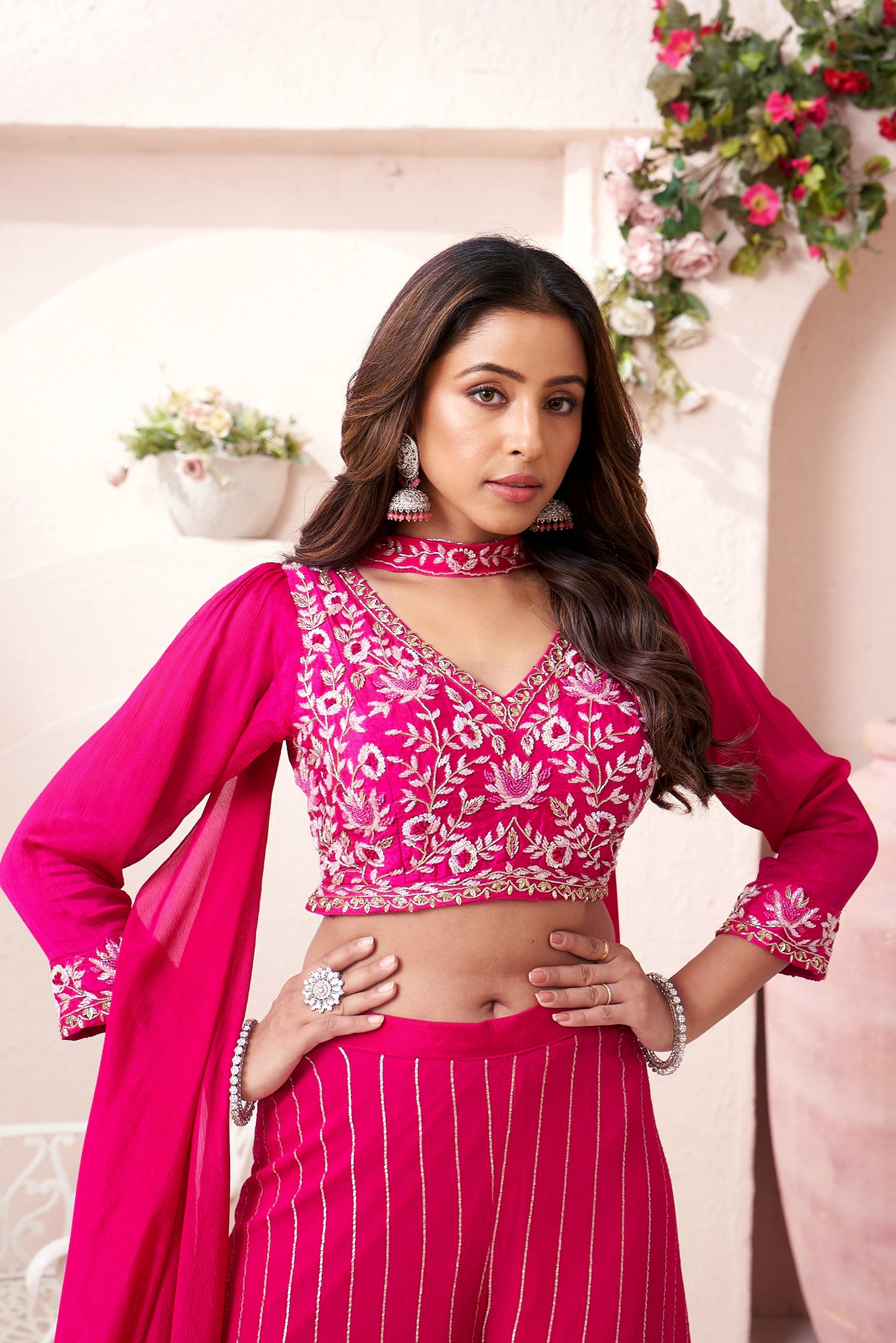 Elegant Chinon Crop Top & Palazzo Set with Bow Neck Dupatta in Rani for Women