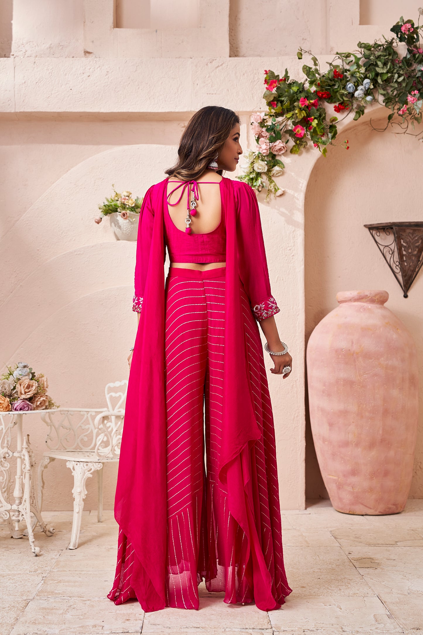 Elegant Chinon Crop Top & Palazzo Set with Bow Neck Dupatta in Rani for Women