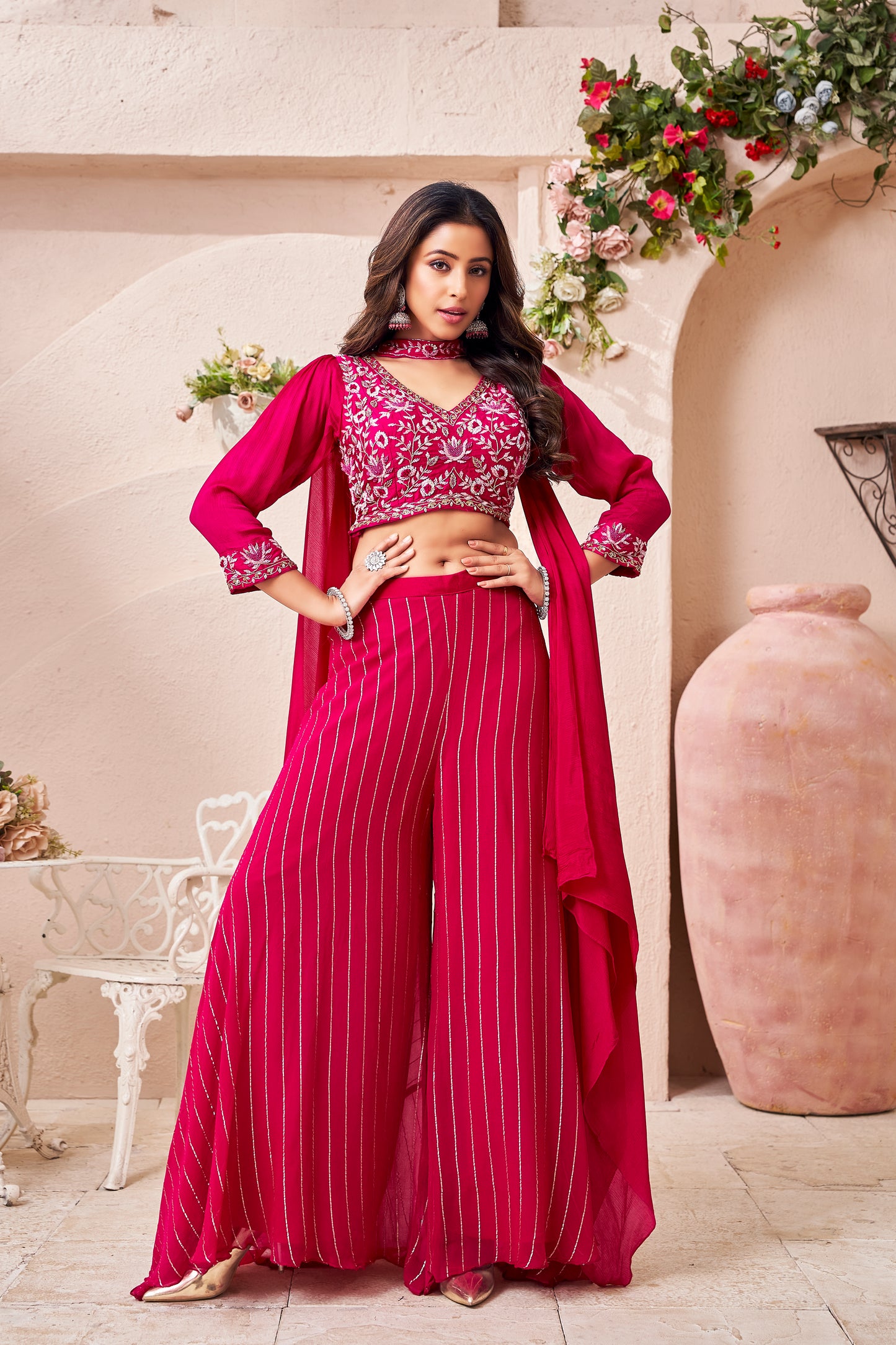 Elegant Chinon Crop Top & Palazzo Set with Bow Neck Dupatta in Rani for Women