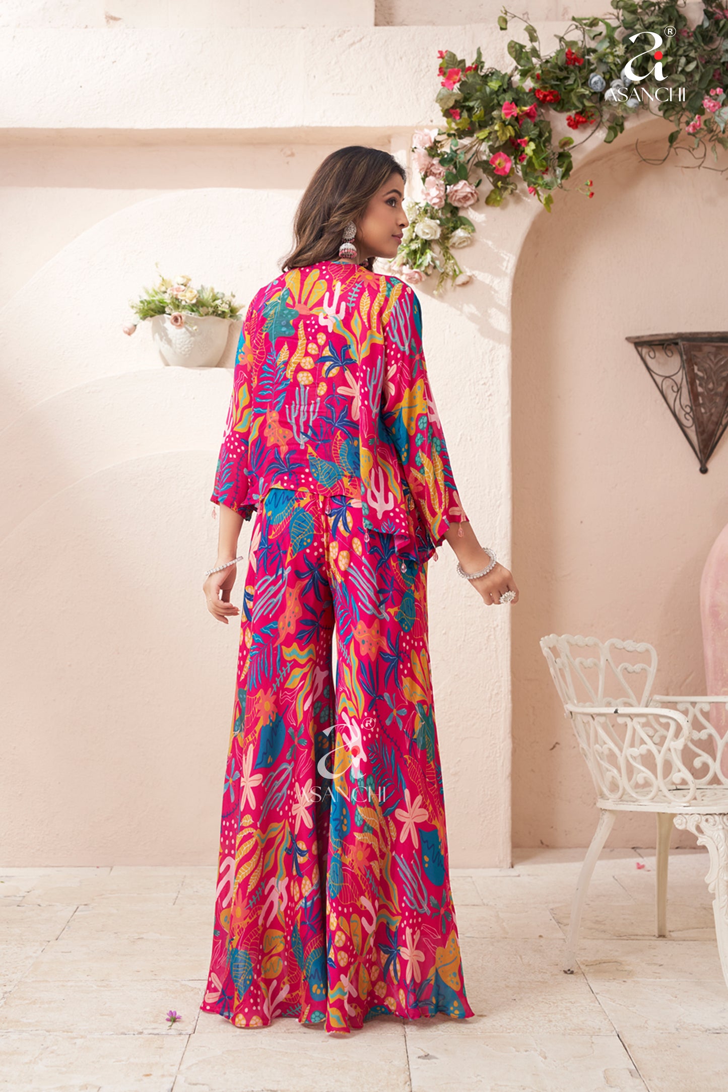 Elegant Printed Chinon Crop Top & Palazzo Set with Short Jacket for Women