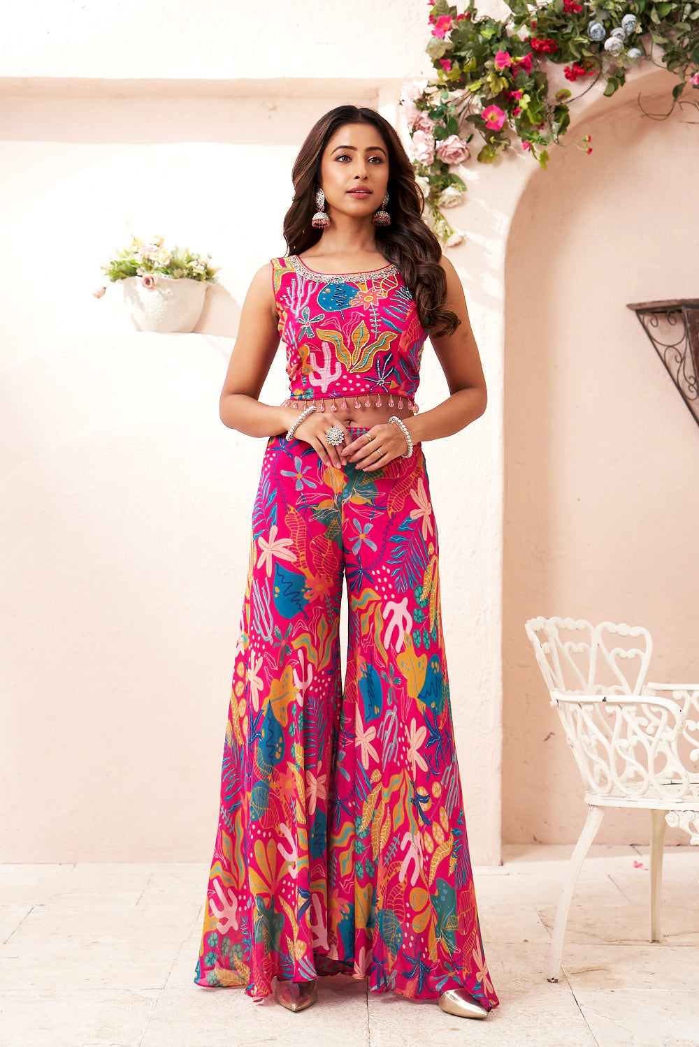 Elegant Printed Chinon Crop Top & Palazzo Set with Short Jacket for Women