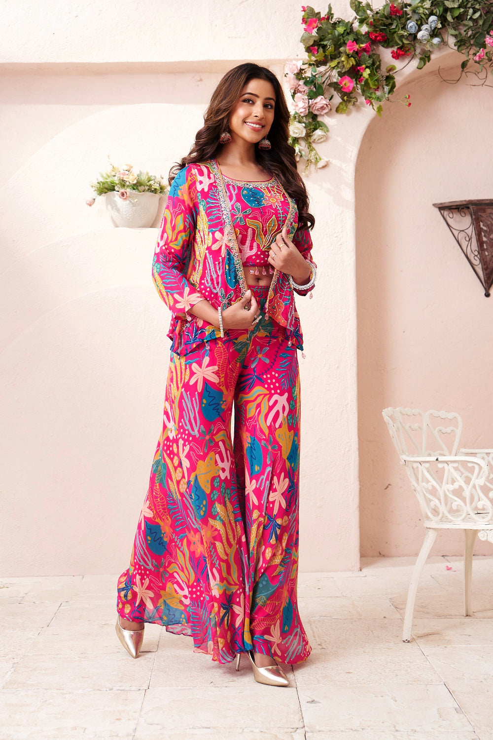Elegant Printed Chinon Crop Top & Palazzo Set with Short Jacket for Women