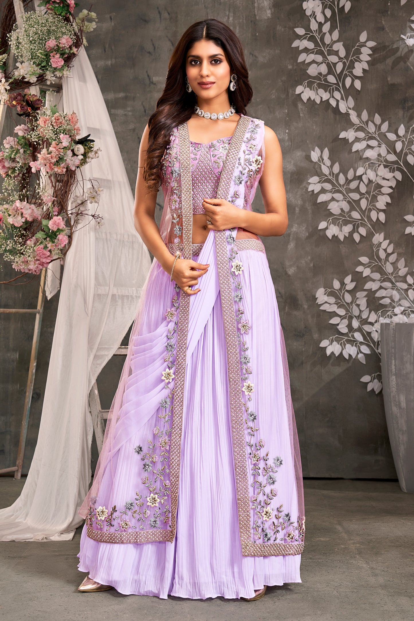 Elegant Georgette Lehenga Choli with Embroidered Net Koti - Lilac Love
