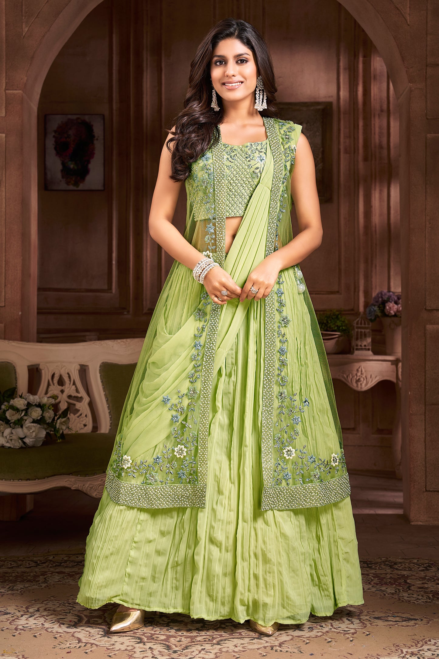 Elegant Georgette Lehenga Choli with Embroidered Net Koti - Green Glamour