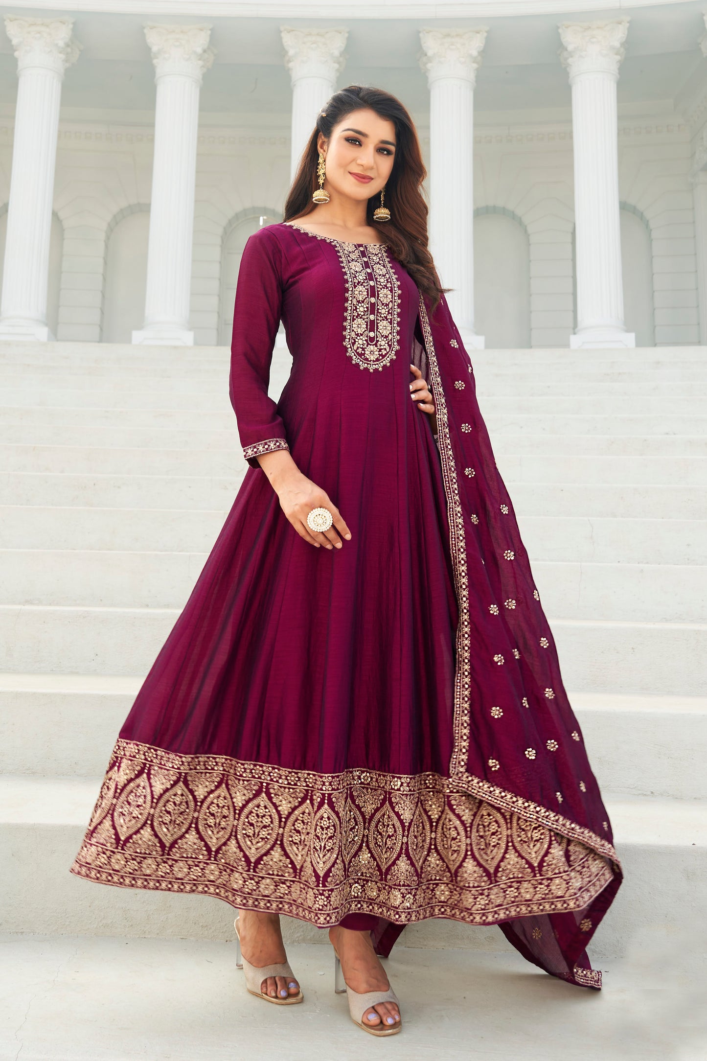 Silk Embroideried Kurta with Dupatta and Pant - Maroon