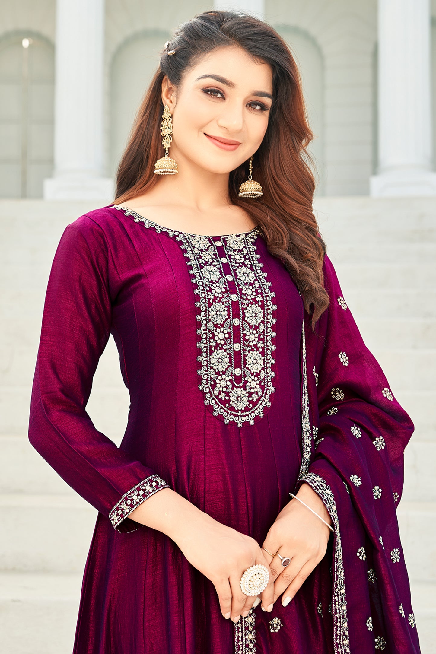 Silk Embroideried Kurta with Dupatta and Pant - Maroon