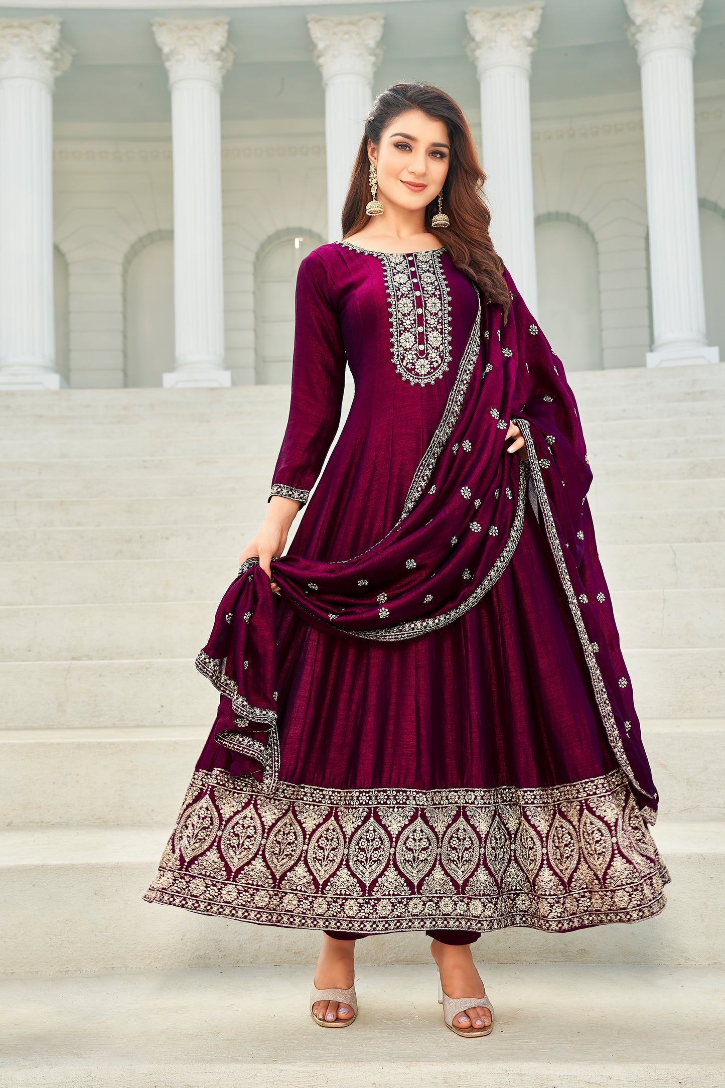 Silk Embroideried Kurta with Dupatta and Pant - Maroon