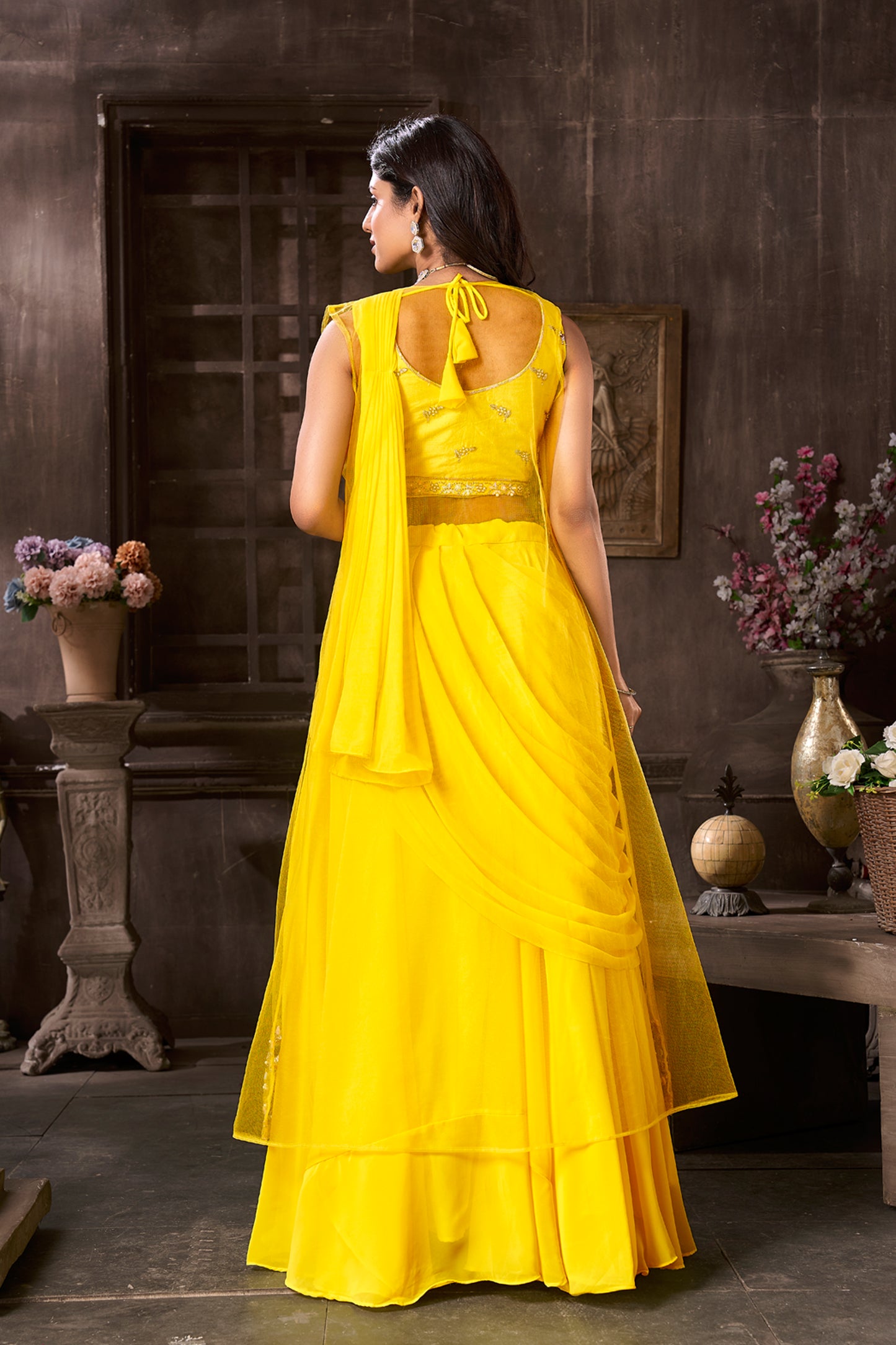 Geogette Lehnga Choli With  Embroidered Net Koti Banglori -Yellow