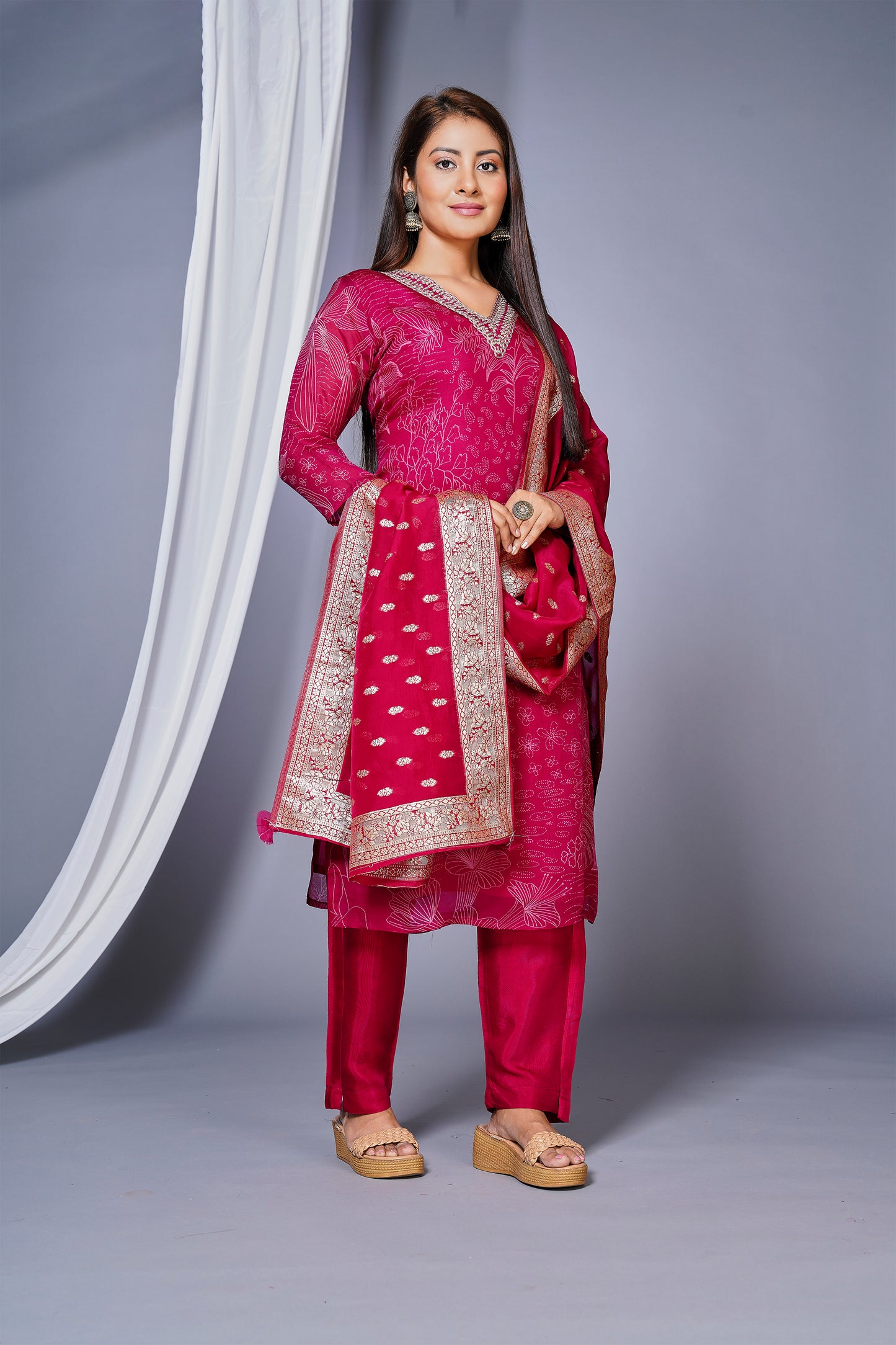 Women's Organza Embroidery Straight Kurta Set With Pant And Dupatta- Rani