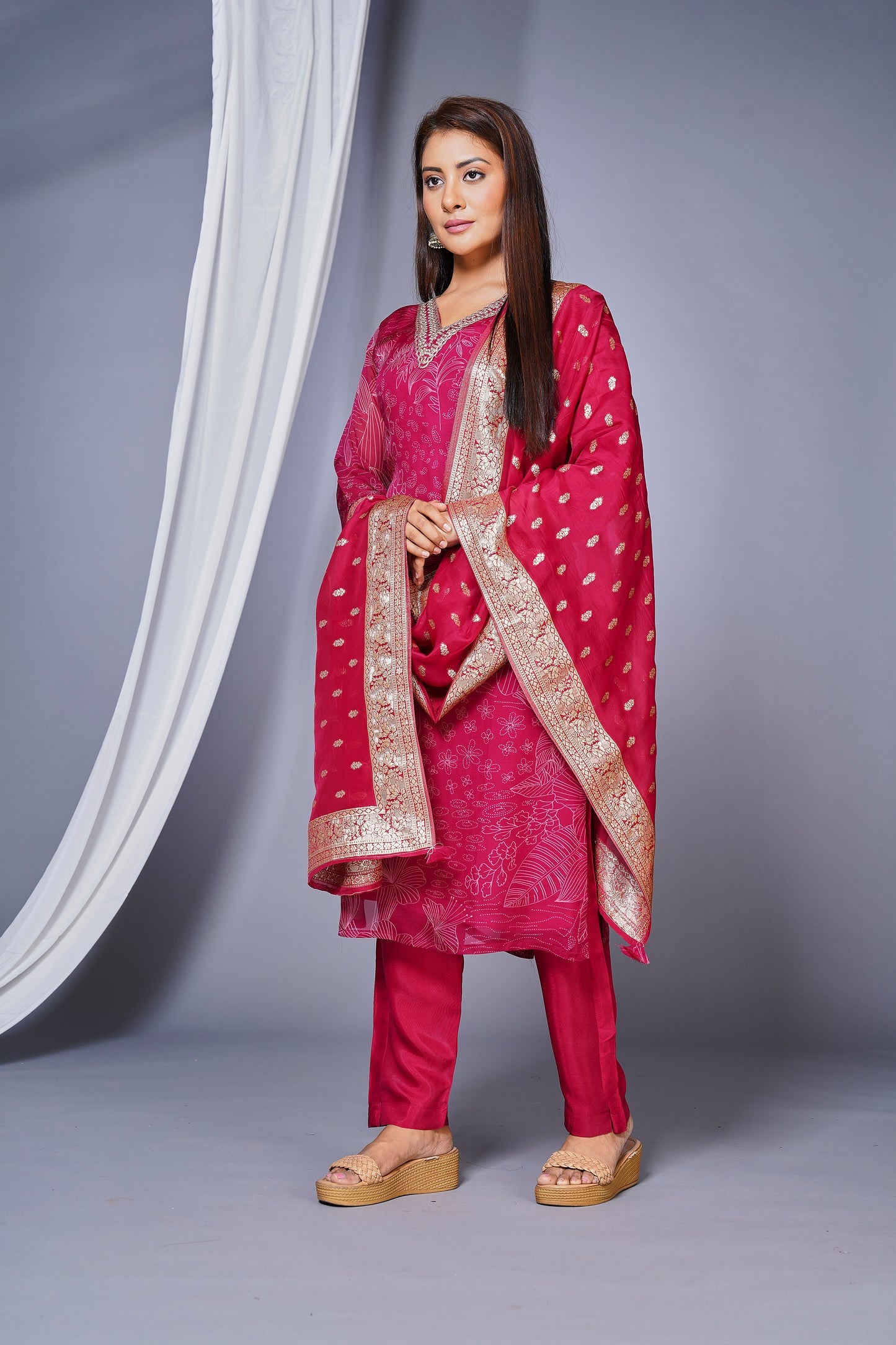 Women's Organza Embroidery Straight Kurta Set With Pant And Dupatta- Rani