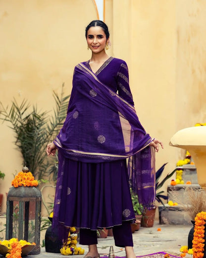 Premium Rayon  3 Piece Gown with Pant & Duppata - Purple