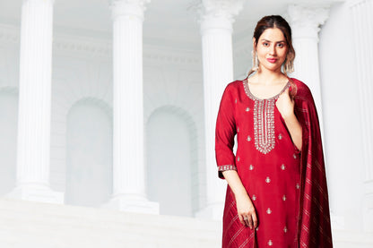 Women's Roman Silk Embroided Stright Kurta With Pant and Dupatta | Maroon