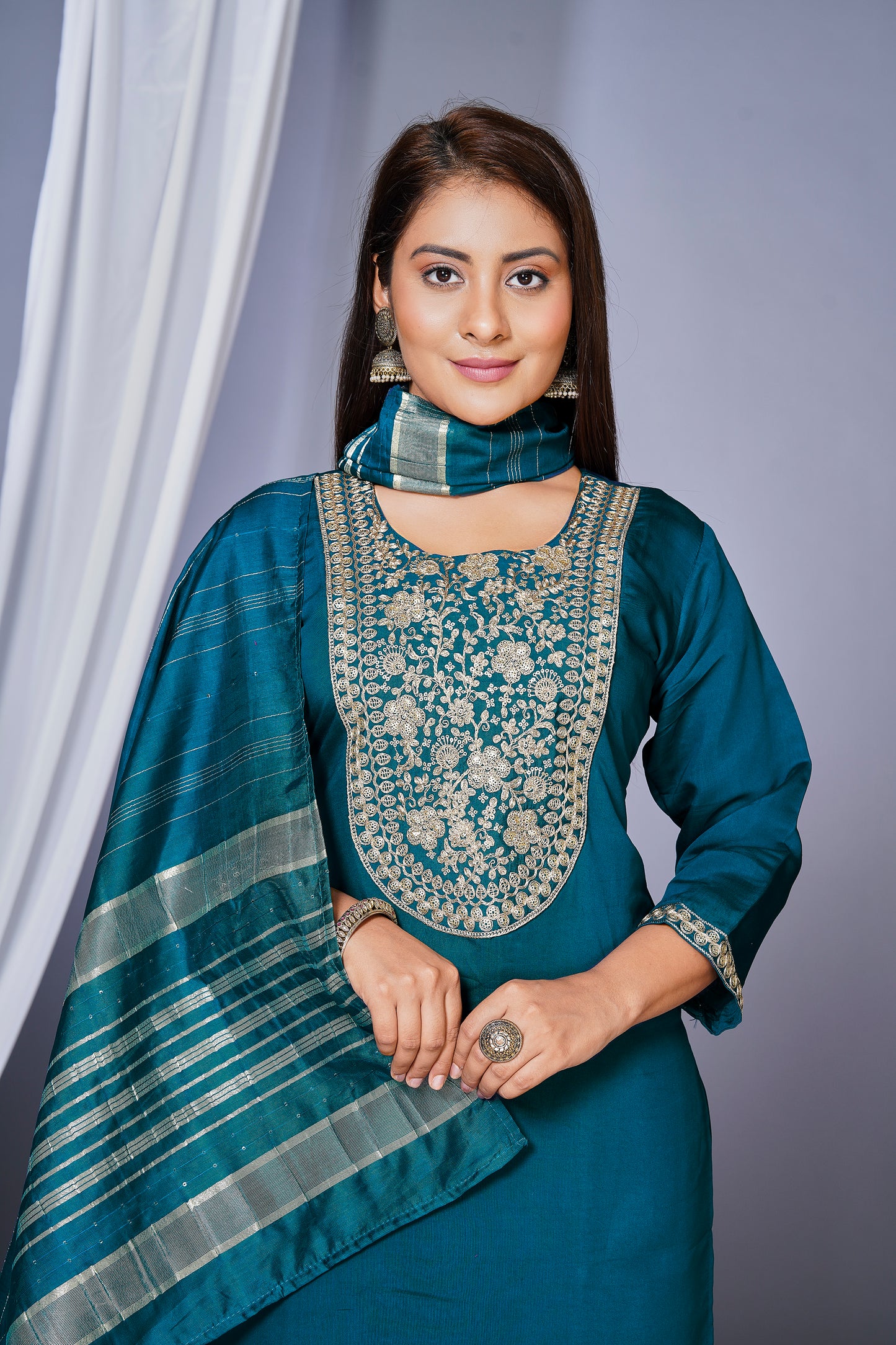 Women's Roman Silk Embroidered Straight Kurta Set With Pant and Dupatta -Blue