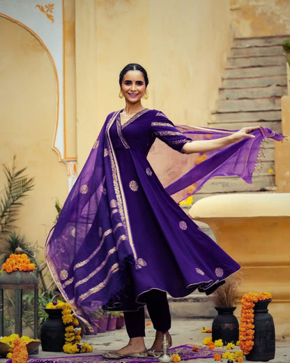 Premium Rayon  3 Piece Gown with Pant & Duppata - Purple