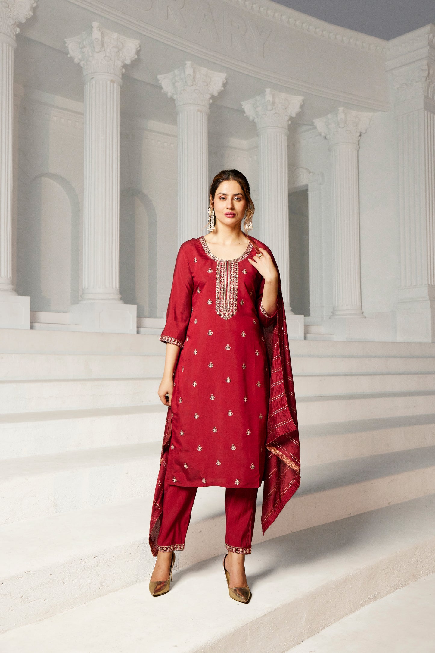 Women's Roman Silk Embroided Stright Kurta With Pant and Dupatta | Maroon