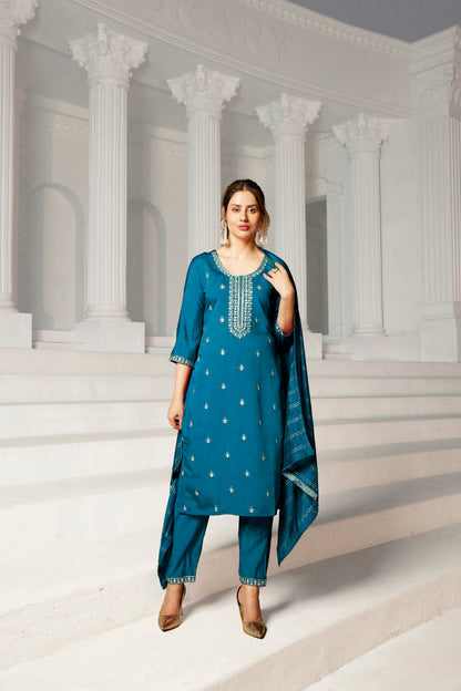 Women's Roman Silk Embroided Stright Kurta With Pant and Dupatta | Blue