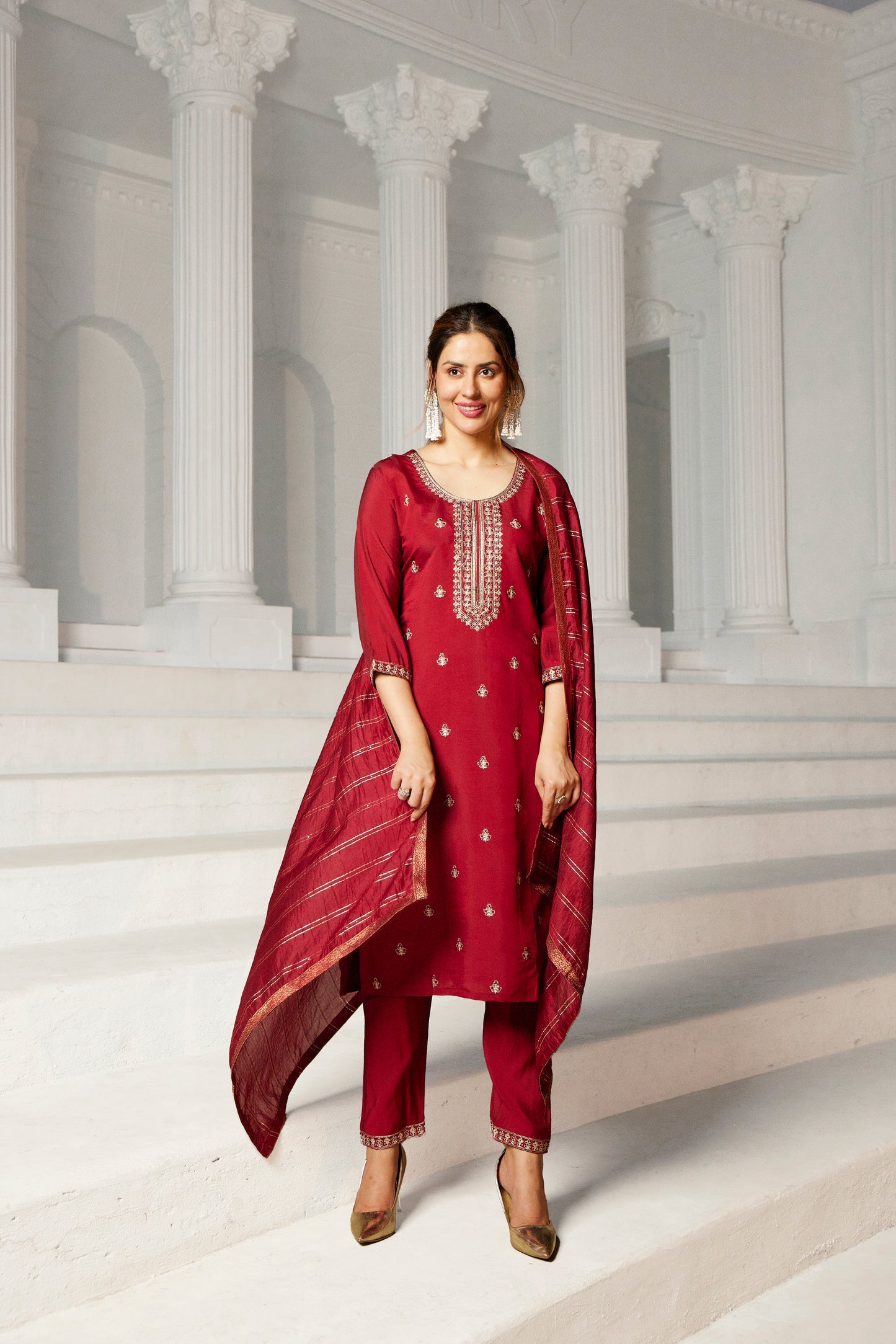 Women's Roman Silk Embroided Stright Kurta With Pant and Dupatta | Maroon