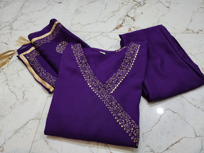 Premium Rayon  3 Piece Gown with Pant & Duppata - Purple