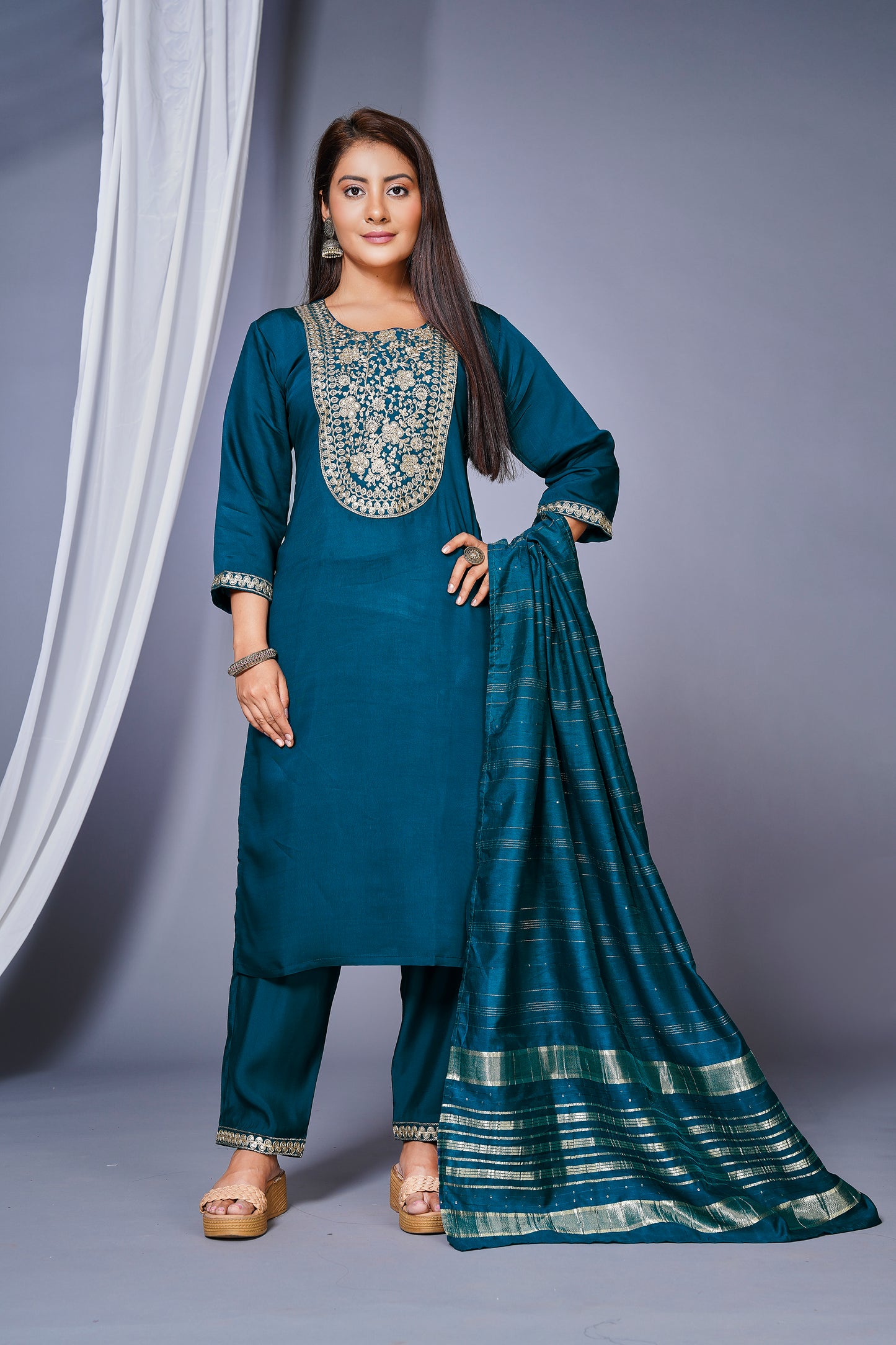 Women's Roman Silk Embroidered Straight Kurta Set With Pant and Dupatta -Blue