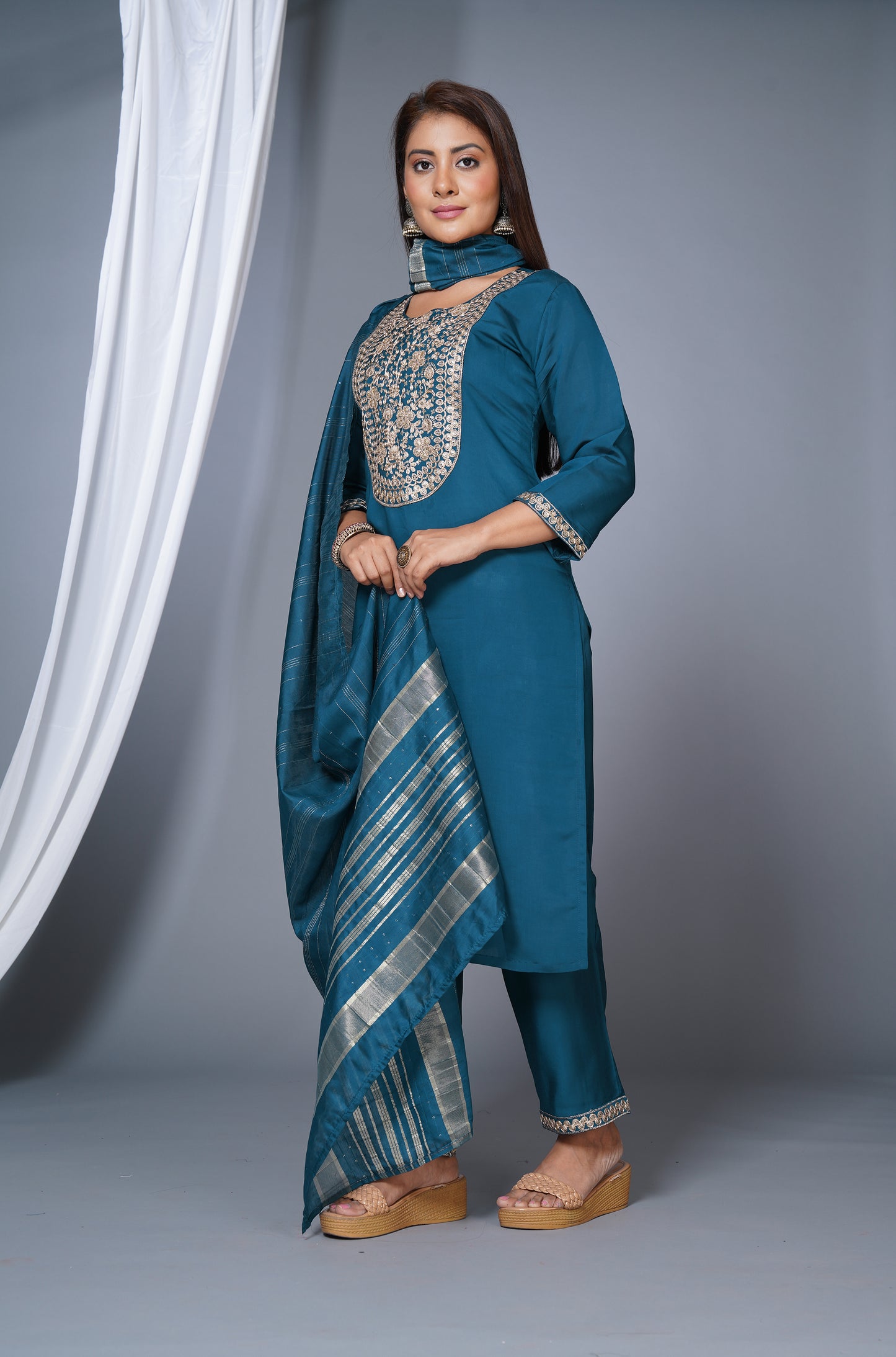 Women's Roman Silk Embroidered Straight Kurta Set With Pant and Dupatta -Blue