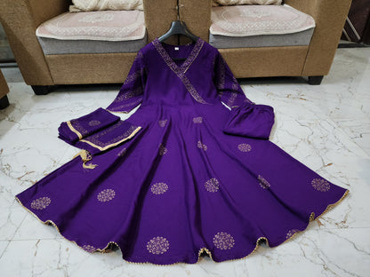 Premium Rayon  3 Piece Gown with Pant & Duppata - Purple