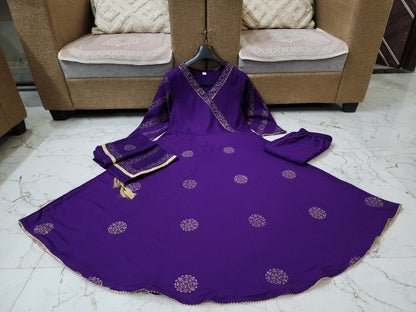 Premium Rayon  3 Piece Gown with Pant & Duppata - Purple