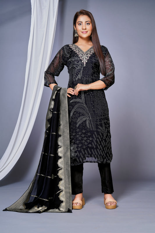 Women's Organza Embroidery Straight Kurta Set With Pant And Dupatta