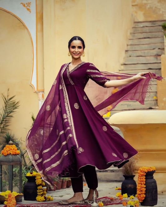 Premium Rayon Super Export Quality 3 Piece Gown with Pant & Duppata - Wine