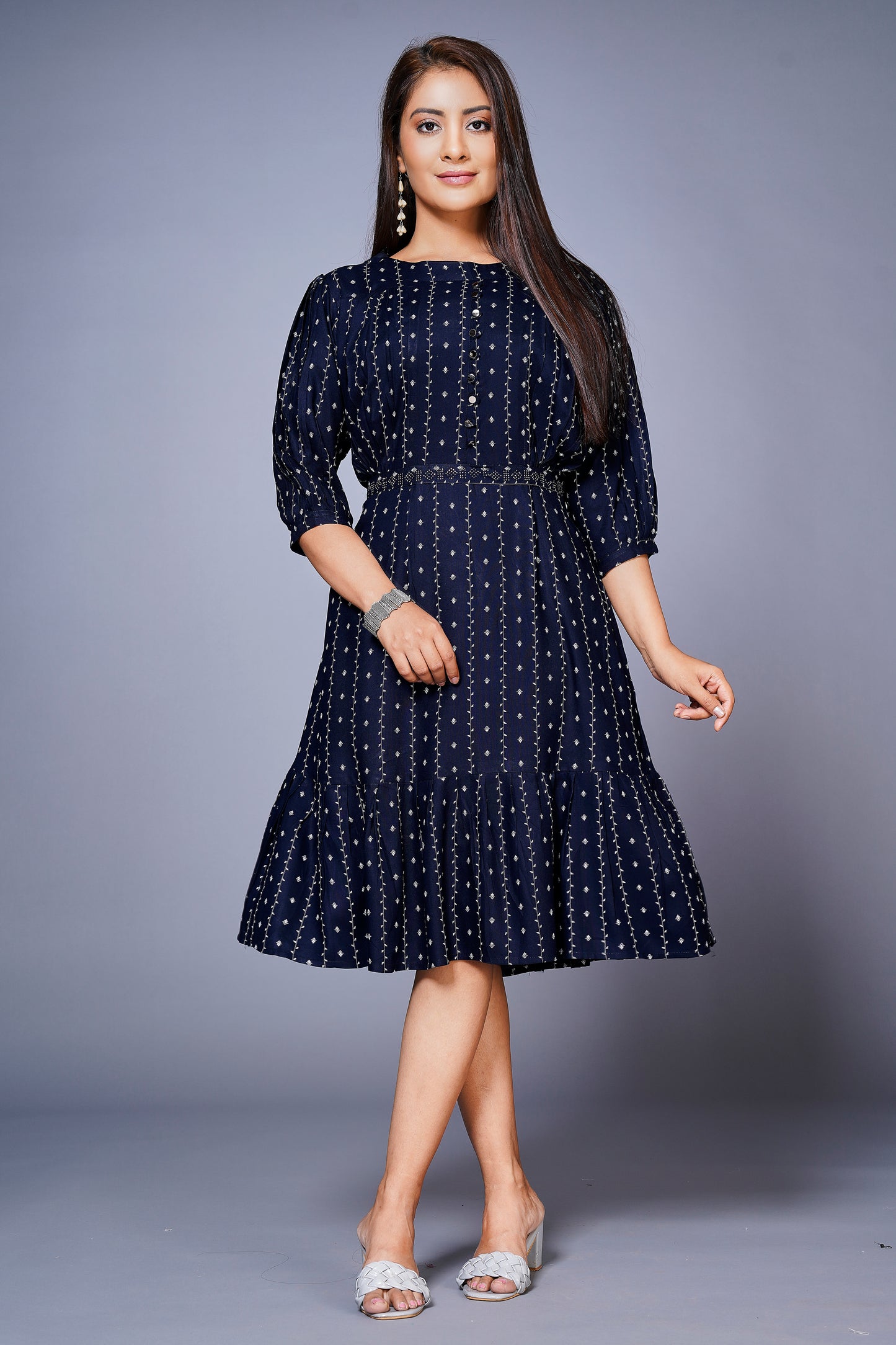 Womens Cotton Printed Flared Casual Dress : Blue With Belt