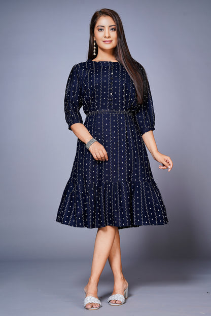 Womens Cotton Printed Flared Casual Dress : Blue With Belt