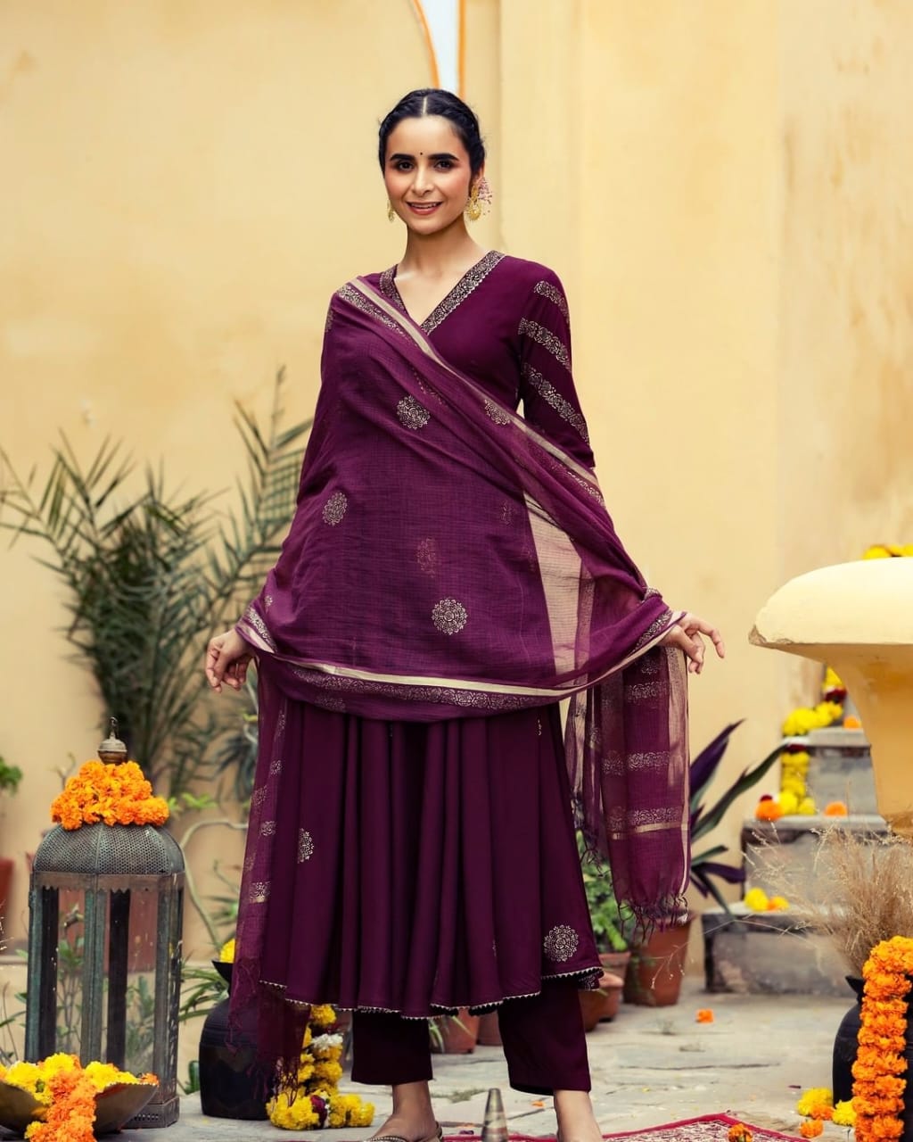 Premium Rayon  3 Piece Gown with Pant & Duppata - Wine