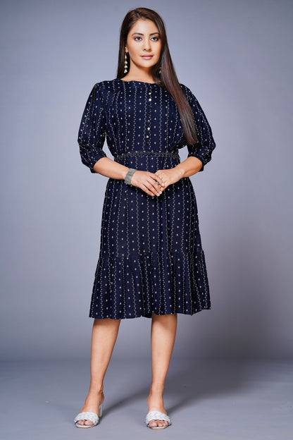 Womens Cotton Printed Flared Casual Dress : Blue With Belt