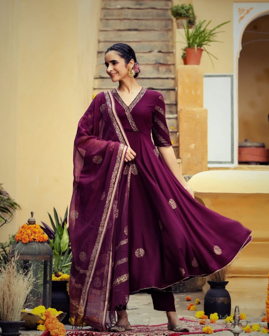 Premium Rayon  3 Piece Gown with Pant & Duppata - Wine