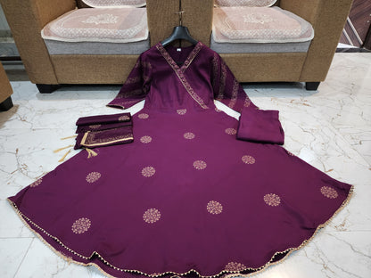 Premium Rayon  3 Piece Gown with Pant & Duppata - Wine