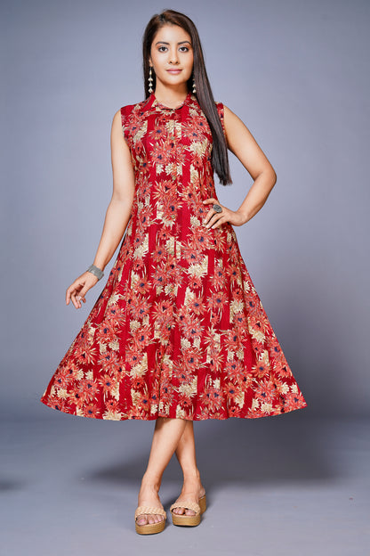 Womens Cotton Printed Flared Casual Dress - Red