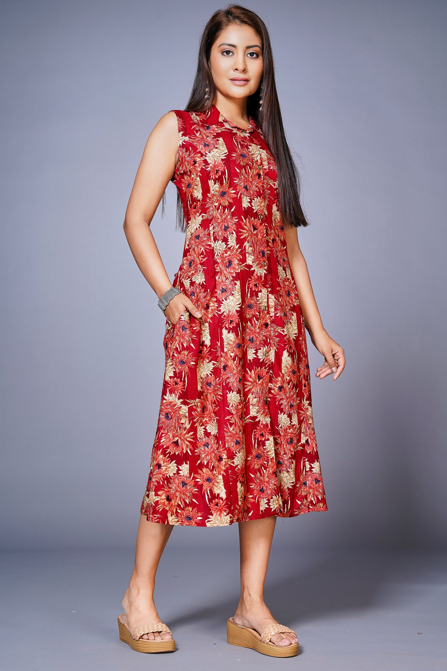 Womens Cotton Printed Flared Casual Dress - Red